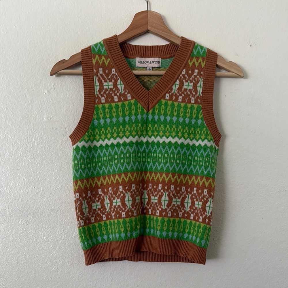 Willow & Wind Fair Isle Sweater Vest in Brown, Green, Blue & White Sz S